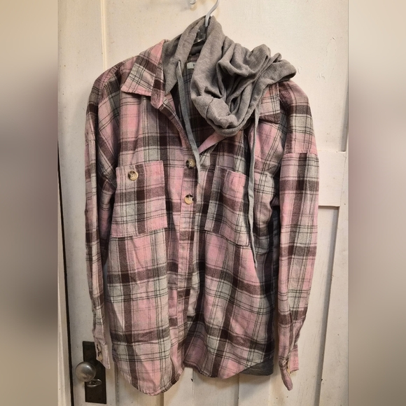 Kori Jackets & Blazers - Pink and Brown Plaid Button-Up Shirt